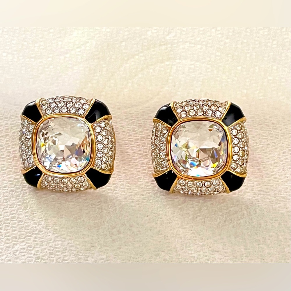 Swarovski Large Gold Plate Clip on Earrings Blk Enamel, Clear Crystal